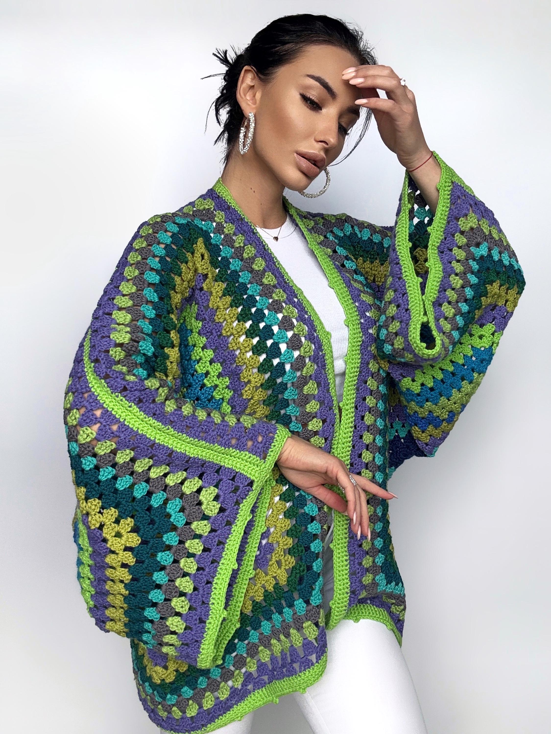 Crochet green kimono cardigan womens Granny Stitch Cardigan Bomber Boho style Oversize handmade Jacket Haori Open wool jacket Hexagon Coat