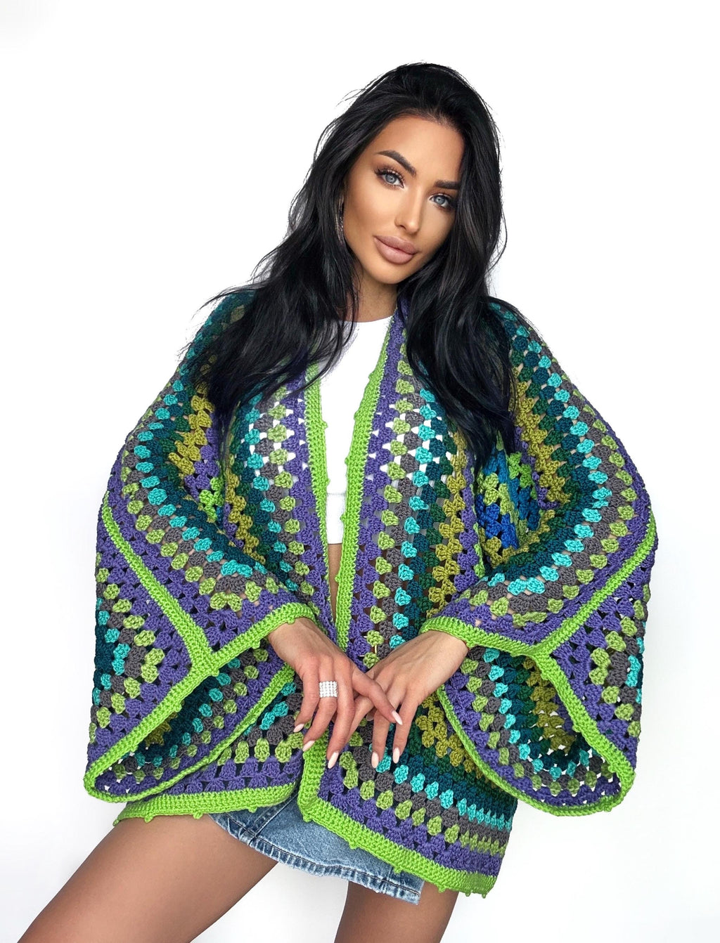 Crochet green merino wool mixture cardigan womens Granny Stitch Cardigan Boho style Oversize Jacket Haori Open wool jacket Hexagon Coat