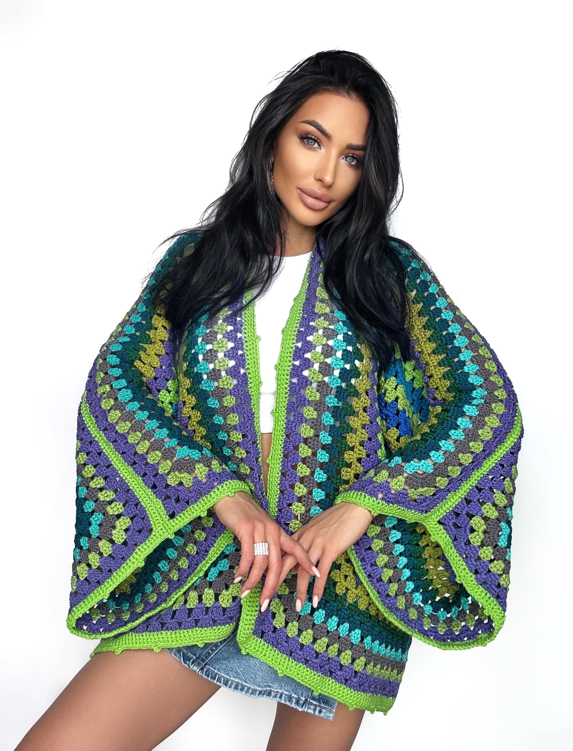 Crochet green merino wool mixture cardigan womens Granny Stitch Cardigan Boho style Oversize Jacket Haori Open wool jacket Hexagon Coat