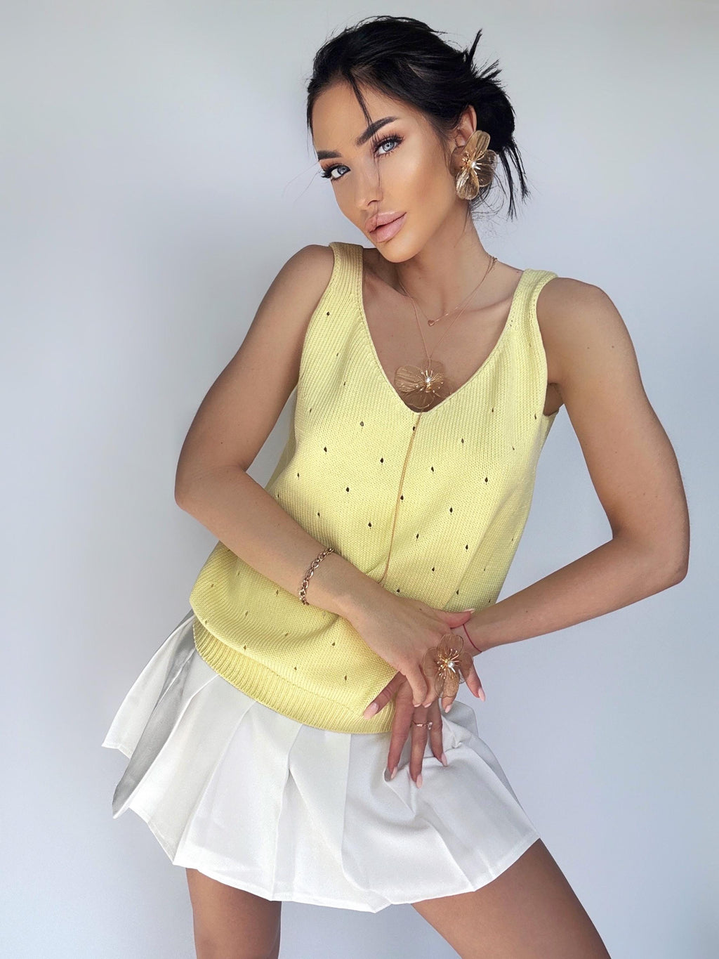 Cotton Yellow Knit Women's Top V Neck Knit Top Crochet summer knit top Lemon Tank Top Knitted tank Vintage crochet top Knit loose long tan