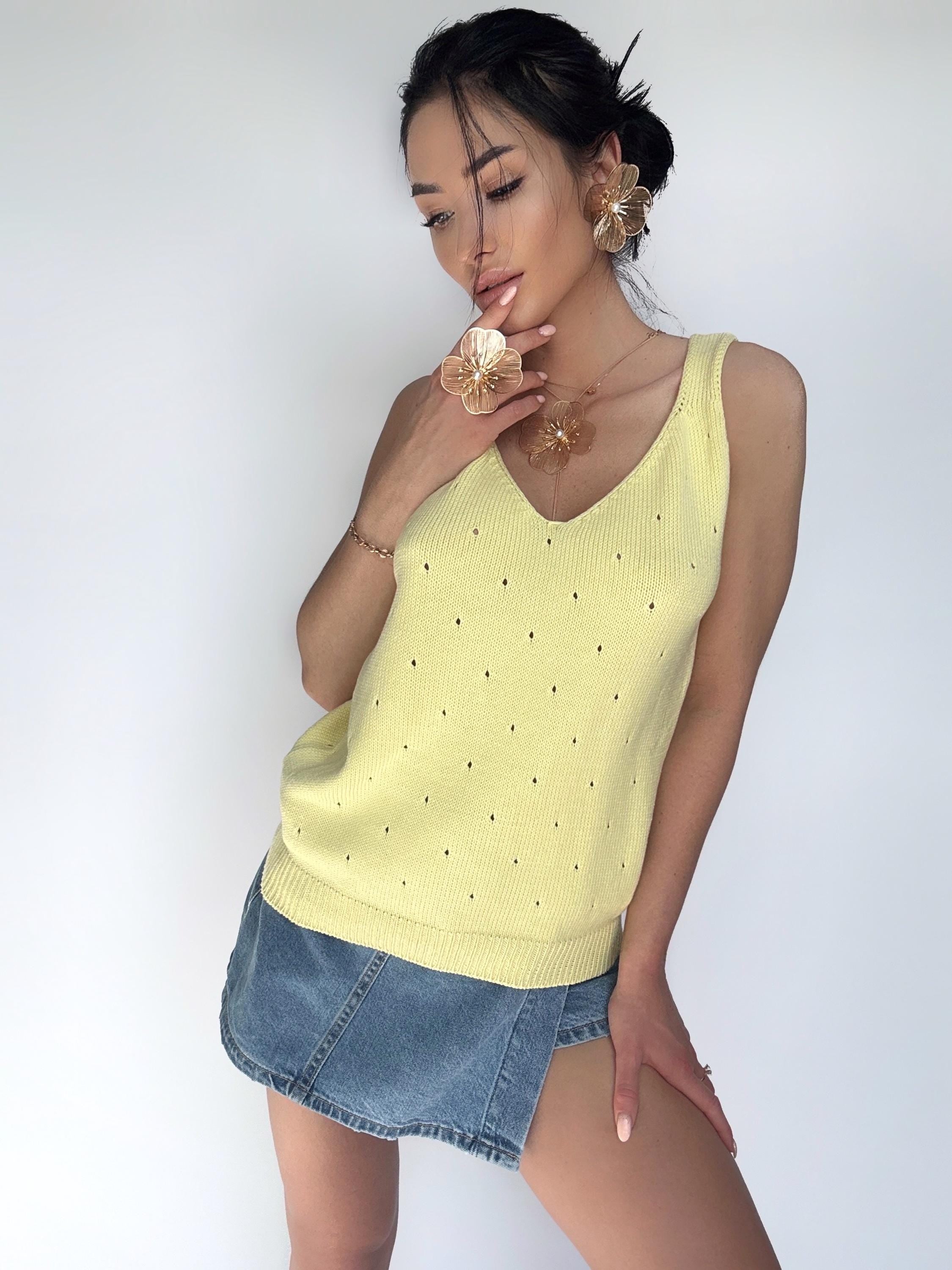 Cotton Yellow Knit Women's Top V Neck Knit Top Crochet summer knit top Lemon Tank Top Knitted tank Vintage crochet top Knit loose long tan