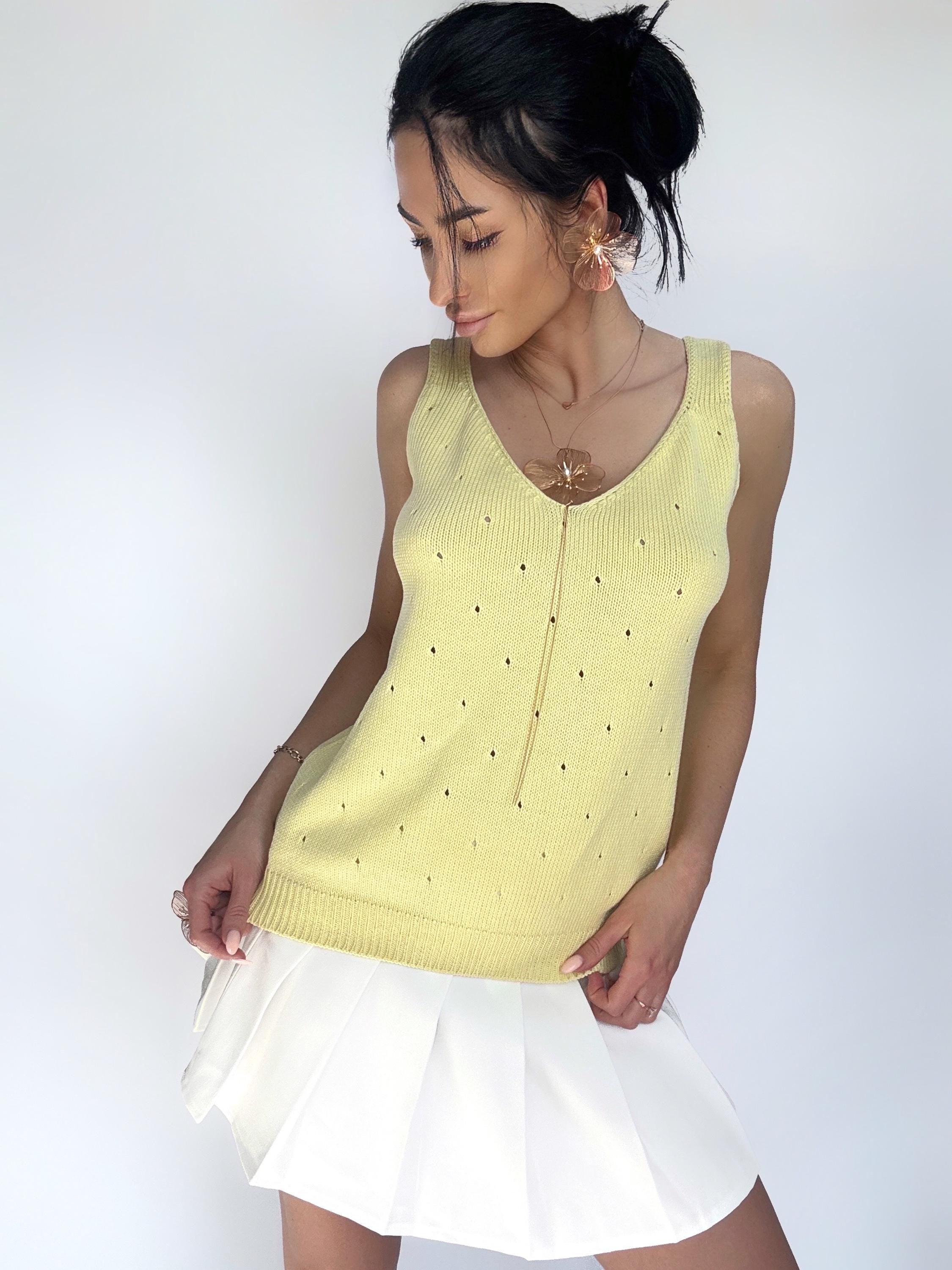Yellow cotton knit crochet womens Top V neck summer knittted long top Lemon t-shirt Tank Top Vintage knit loose top spaghetti strap tank