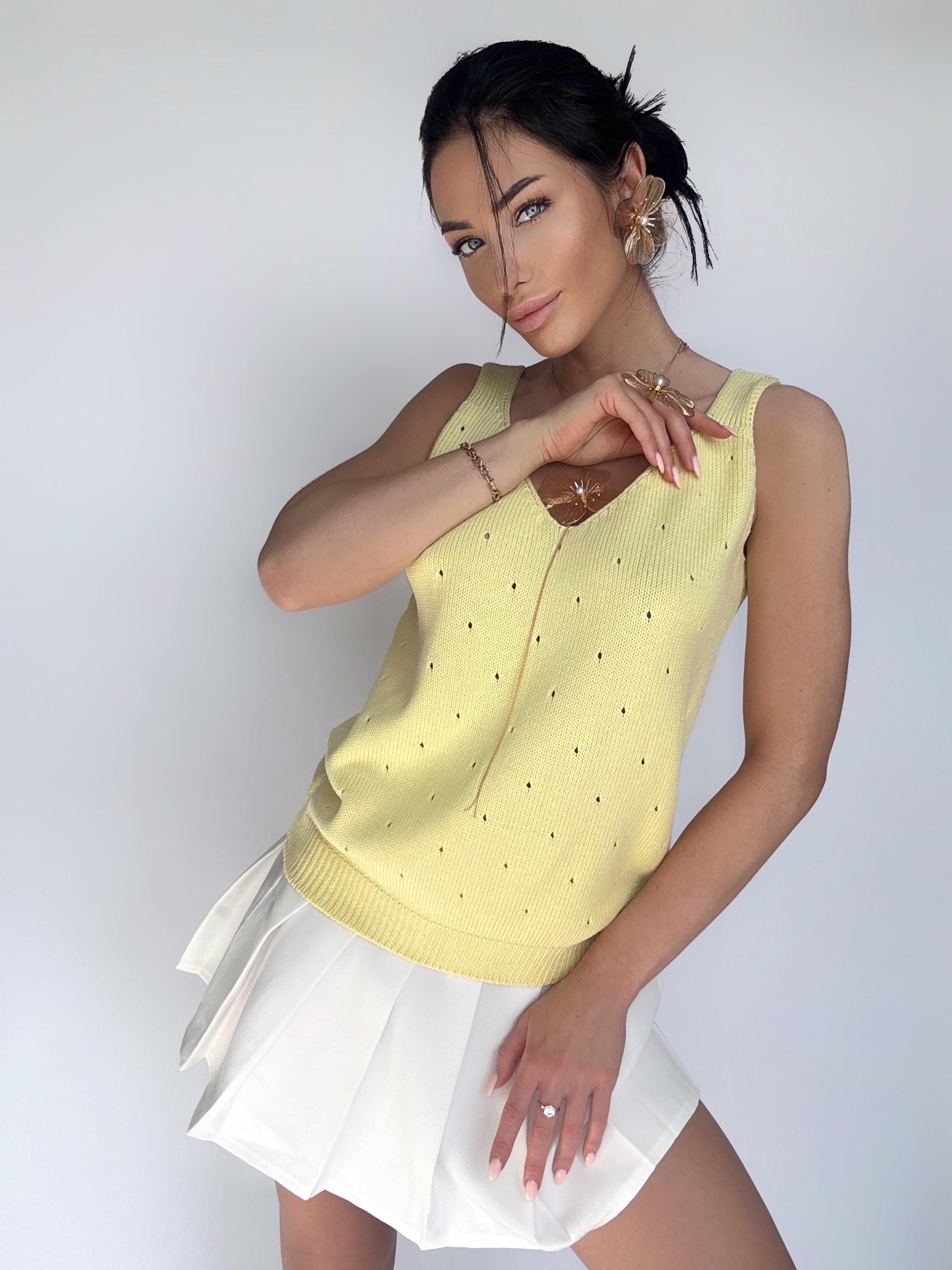Cotton Yellow Knit Women's Top V Neck Knit Top Crochet summer knit top Lemon Tank Top Knitted tank Vintage crochet top Knit loose long tan