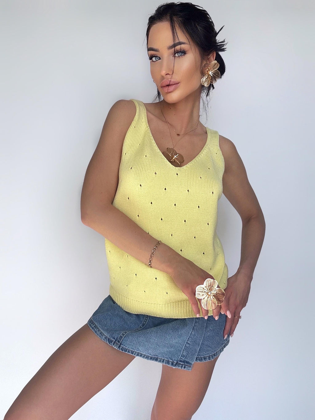 Yellow cotton knit crochet womens Top V neck summer knittted long top Lemon t-shirt Tank Top Vintage knit loose top spaghetti strap tank