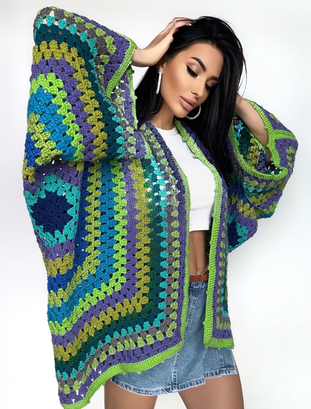 Crochet green kimono cardigan womens Granny Stitch Cardigan Bomber Boho style Oversize handmade Jacket Haori Open wool jacket Hexagon Coat