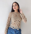 Cotton beige lace crochet blouse top Crochet crop summer sweater Vintage pastel lace Long sleeve top 70s Boho Women Knit blouse gift for her