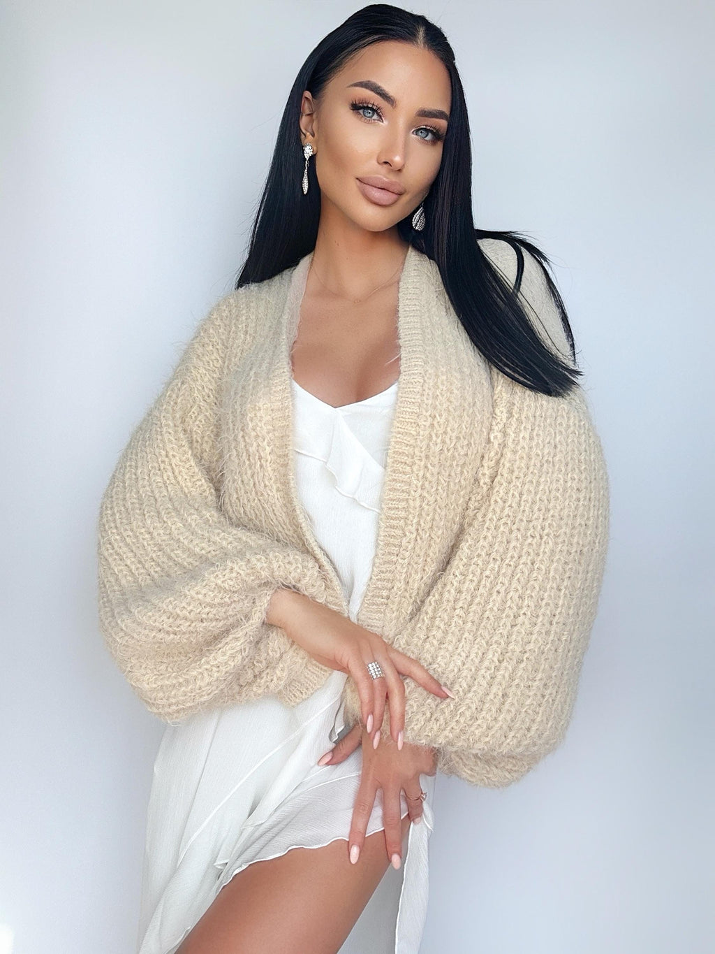 Very soft merino mix wedding cream cardigan women Soft wool sweater Knitted coat Jacket Women Bridal shrug bolero Fluffy hip length cardigan