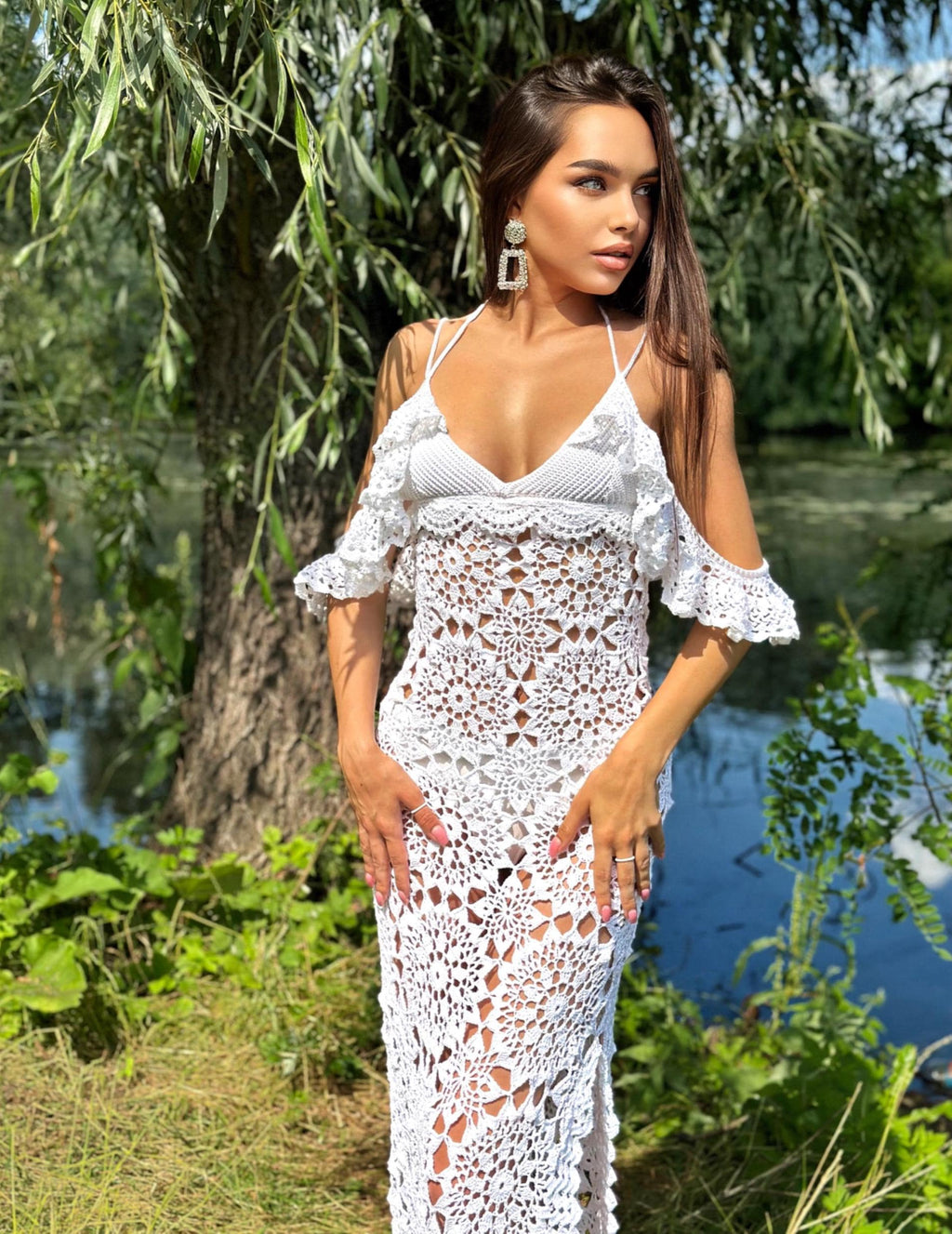 White wedding maxi beach on straps open back crochet dress Openwork bridal dress Midi beach dresses Festival Clothing Beach Cover up