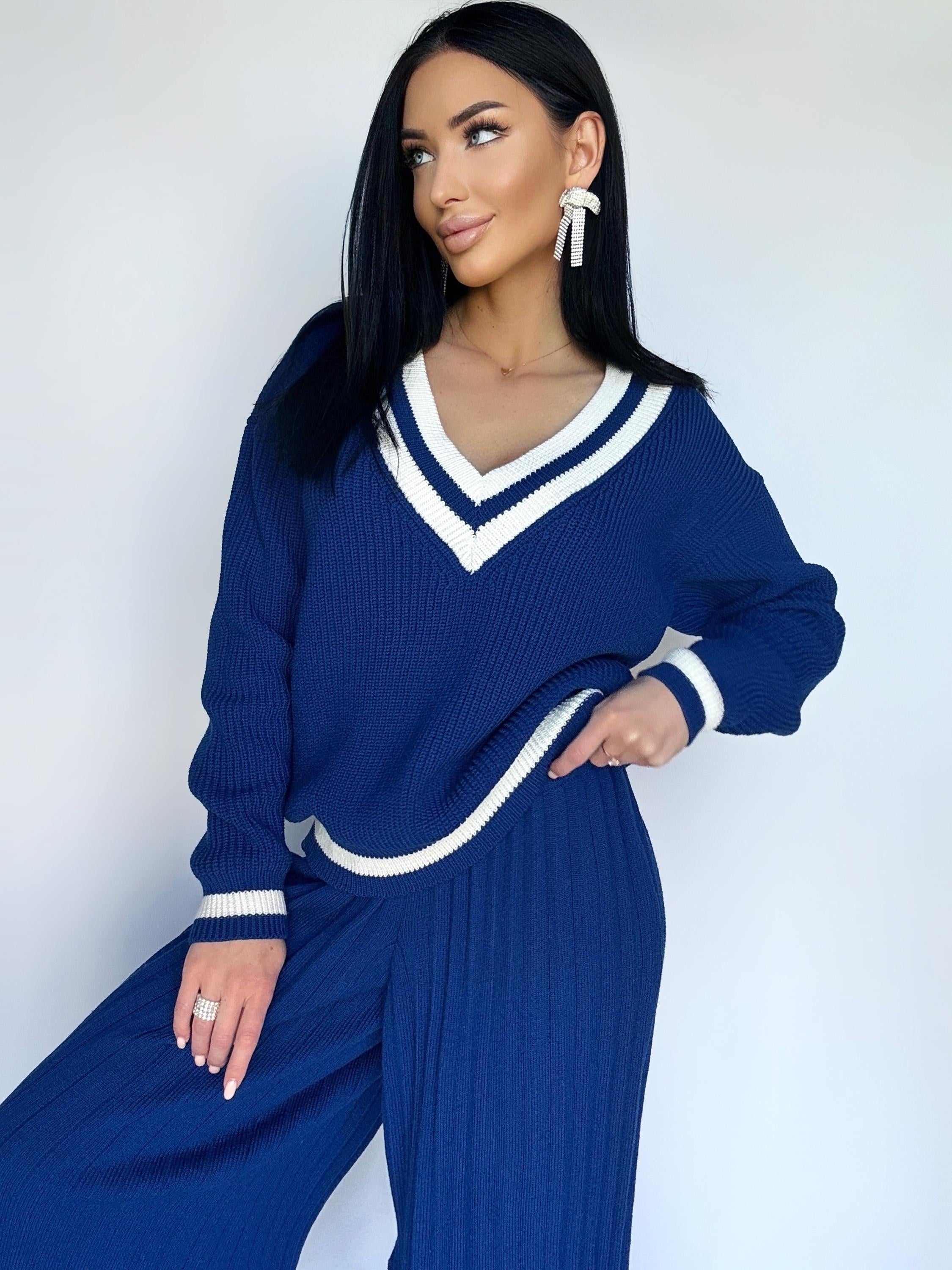 Knitted two piece set for women/Blue merino knit pantsuit/knit v-neck sweater pleated pants/Bright sweater and pants/Knit Sweater Set Women