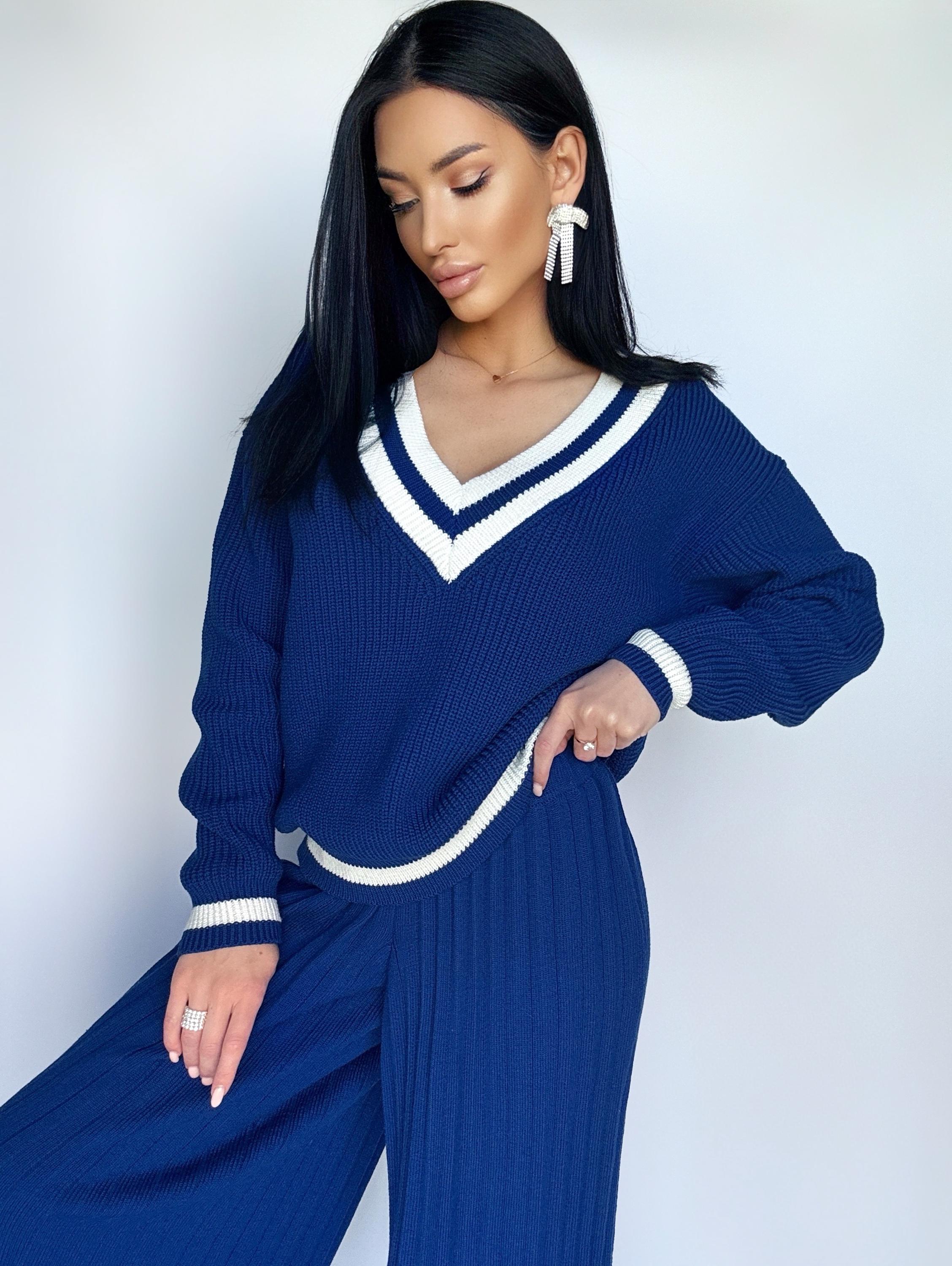 Knitted two piece set for women/Blue merino knit pantsuit/knit v-neck sweater pleated pants/Bright sweater and pants/Knit Sweater Set Women
