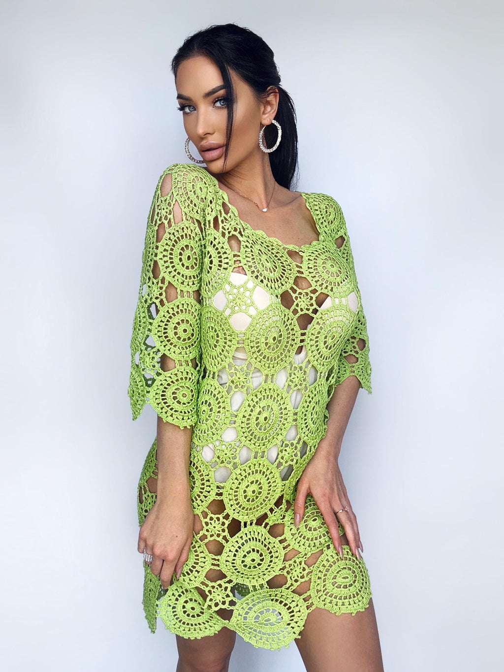 Crochet cotton light green beach open back dress cover ups Mini green crochet cover ups knee deep Cotton lace dress Beachwears women