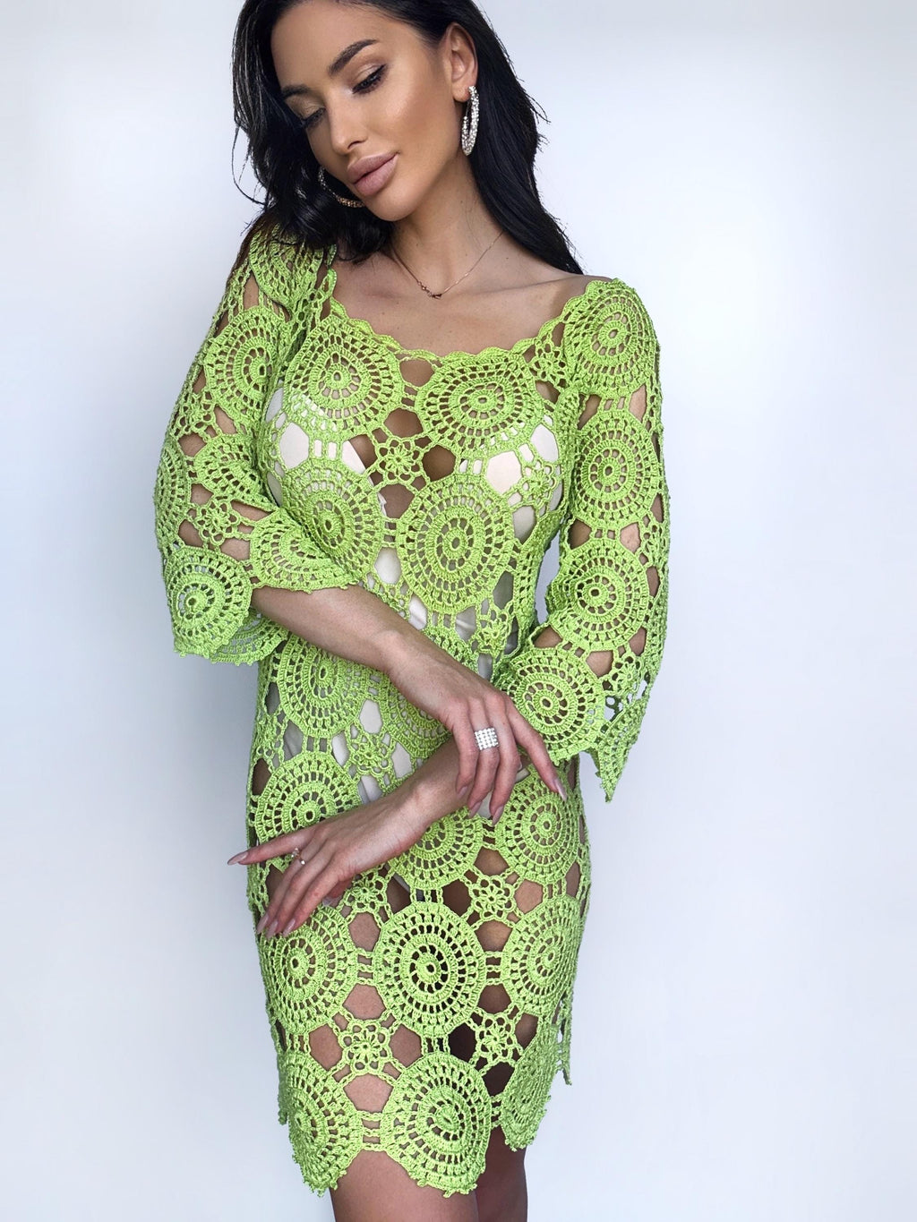 Crochet cotton light green beach open back dress cover ups Mini green crochet cover ups knee deep Cotton lace dress Beachwears women