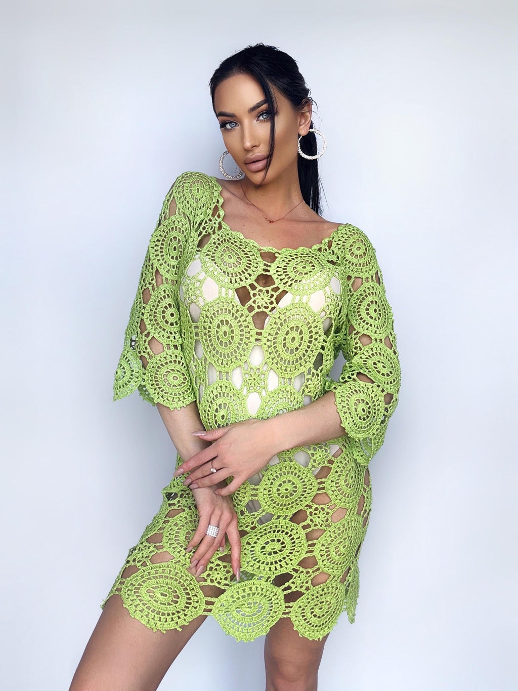 Crochet cotton light green beach open back dress cover ups Mini green crochet cover ups knee deep Cotton lace dress Beachwears women