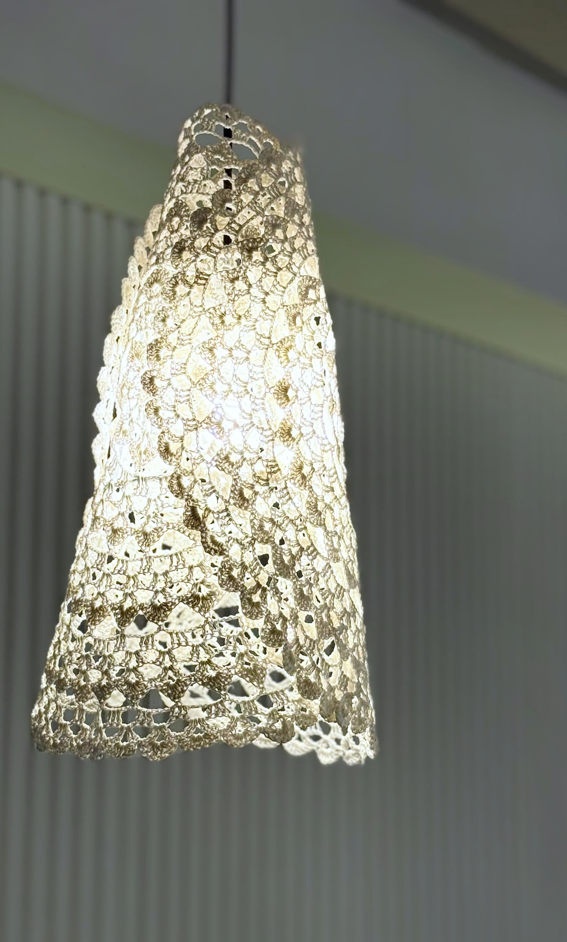 Crochet Lights Boho Light Pendant Crochet White Cream Frame Lampshade Fringe Crochet Chandelier Handmade Suspension Light Fiesta Lampshade