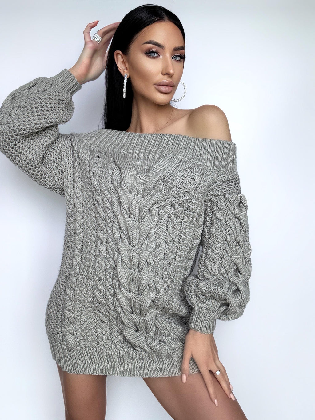 Aran long gray wool sweater dress open shoulders knitted one shoulder dress Cable knit sweater wide sleeves off shoulder sweater for women