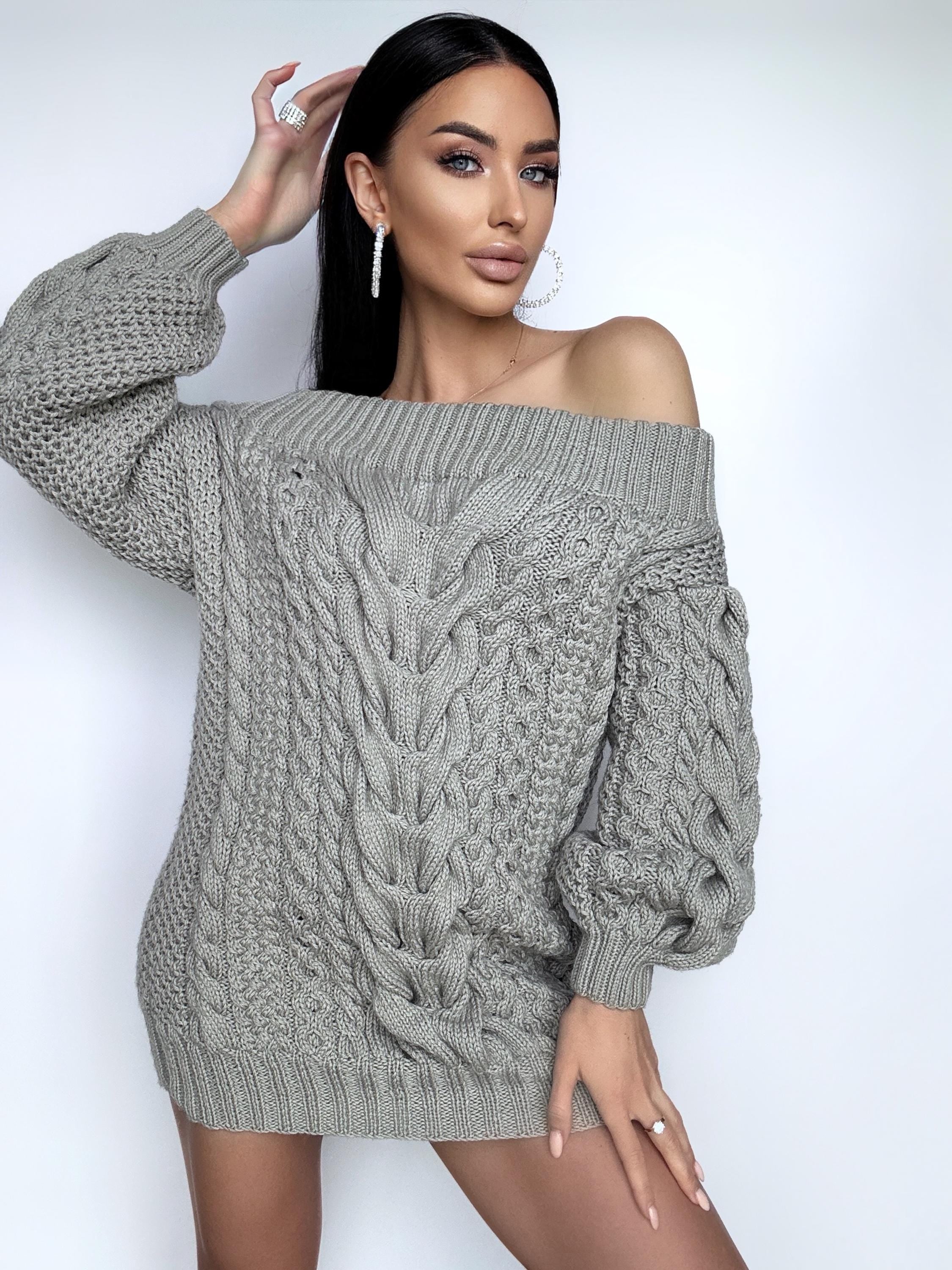 Aran long gray wool sweater dress open shoulders knitted one shoulder dress Cable knit sweater wide sleeves off shoulder sweater for women