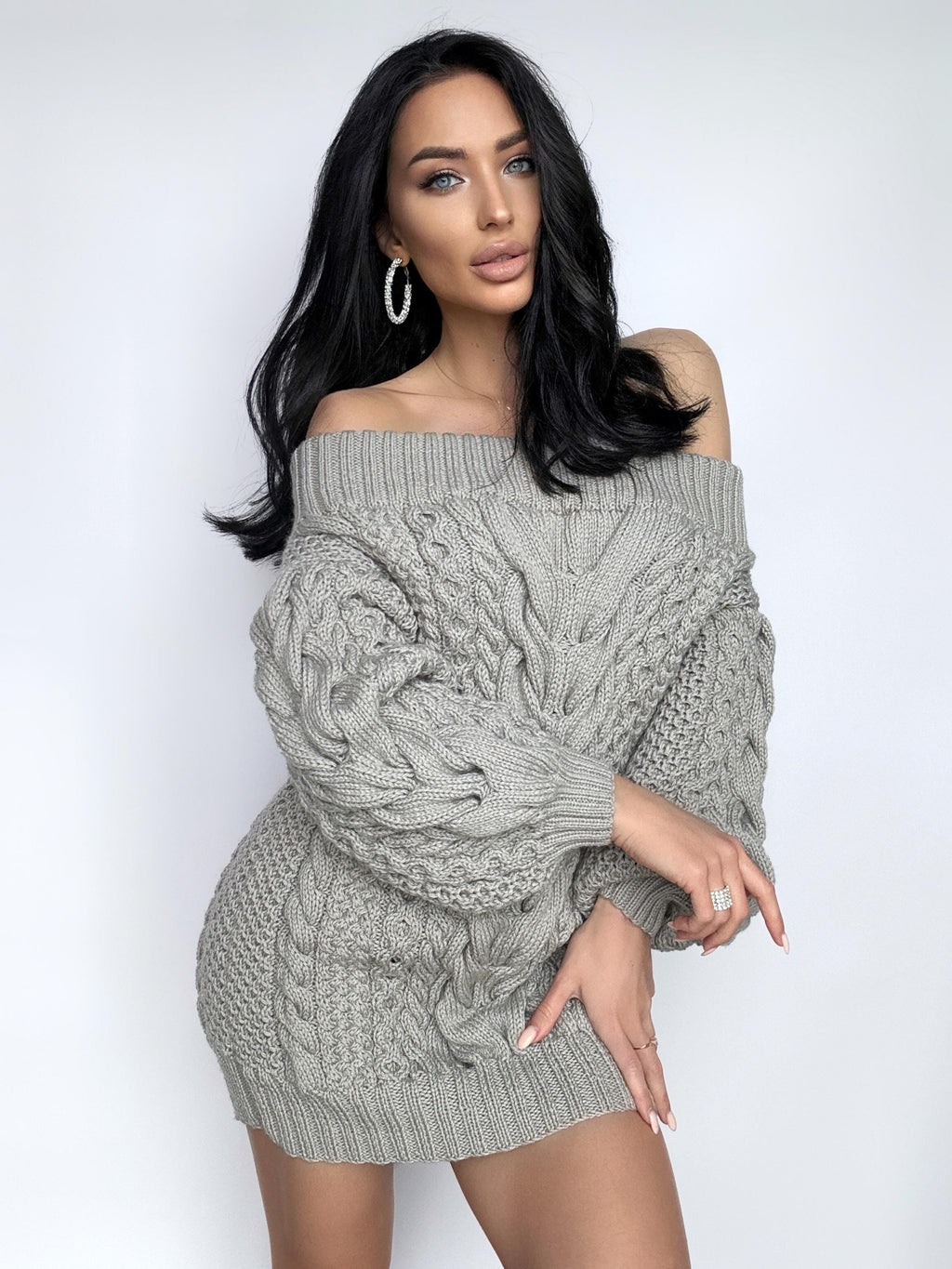 Aran long gray wool sweater dress open shoulders knitted one shoulder dress Cable knit sweater wide sleeves off shoulder sweater for women