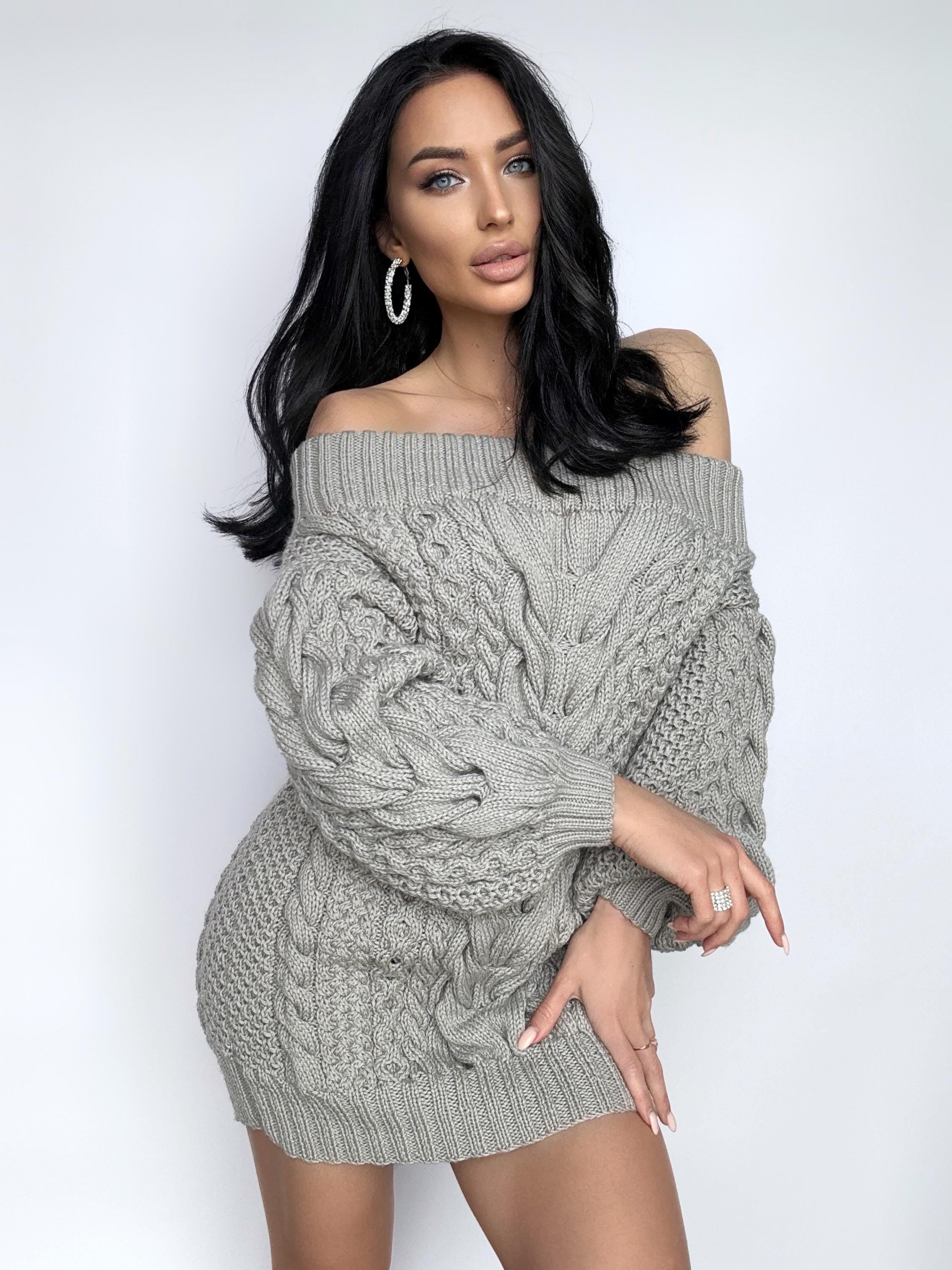 Aran long gray wool sweater dress open shoulders knitted one shoulder dress Cable knit sweater wide sleeves off shoulder sweater for women