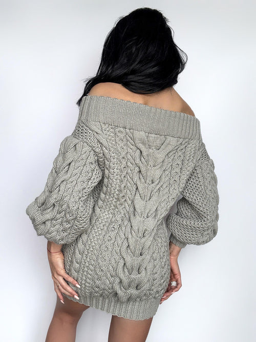 Aran long gray wool sweater dress open shoulders knitted one shoulder dress Cable knit sweater wide sleeves off shoulder sweater for women