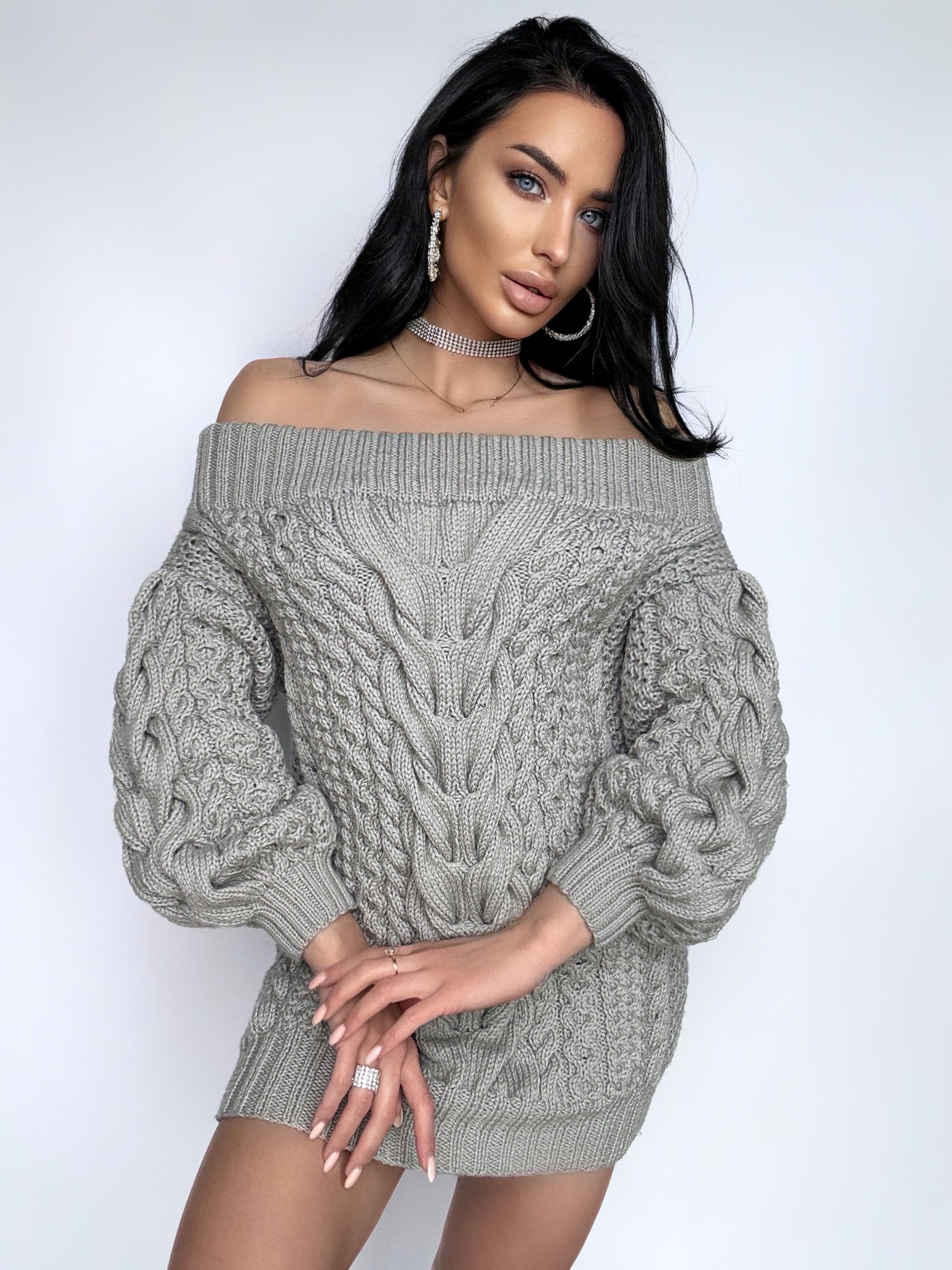 Aran long gray wool sweater dress open shoulders knitted one shoulder dress Cable knit sweater wide sleeves off shoulder sweater for women