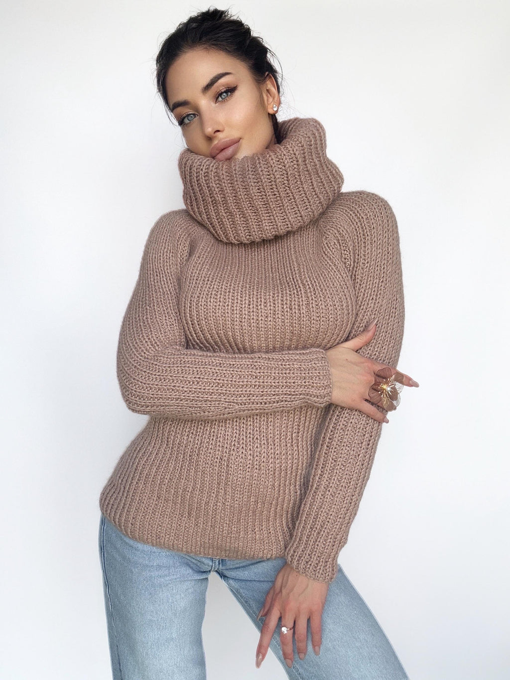 Cable knit beige mohair mix big collar sweater Chunky Knit Turtleneck Pastel pullover Womens Jumper merino mix wool winter sweater