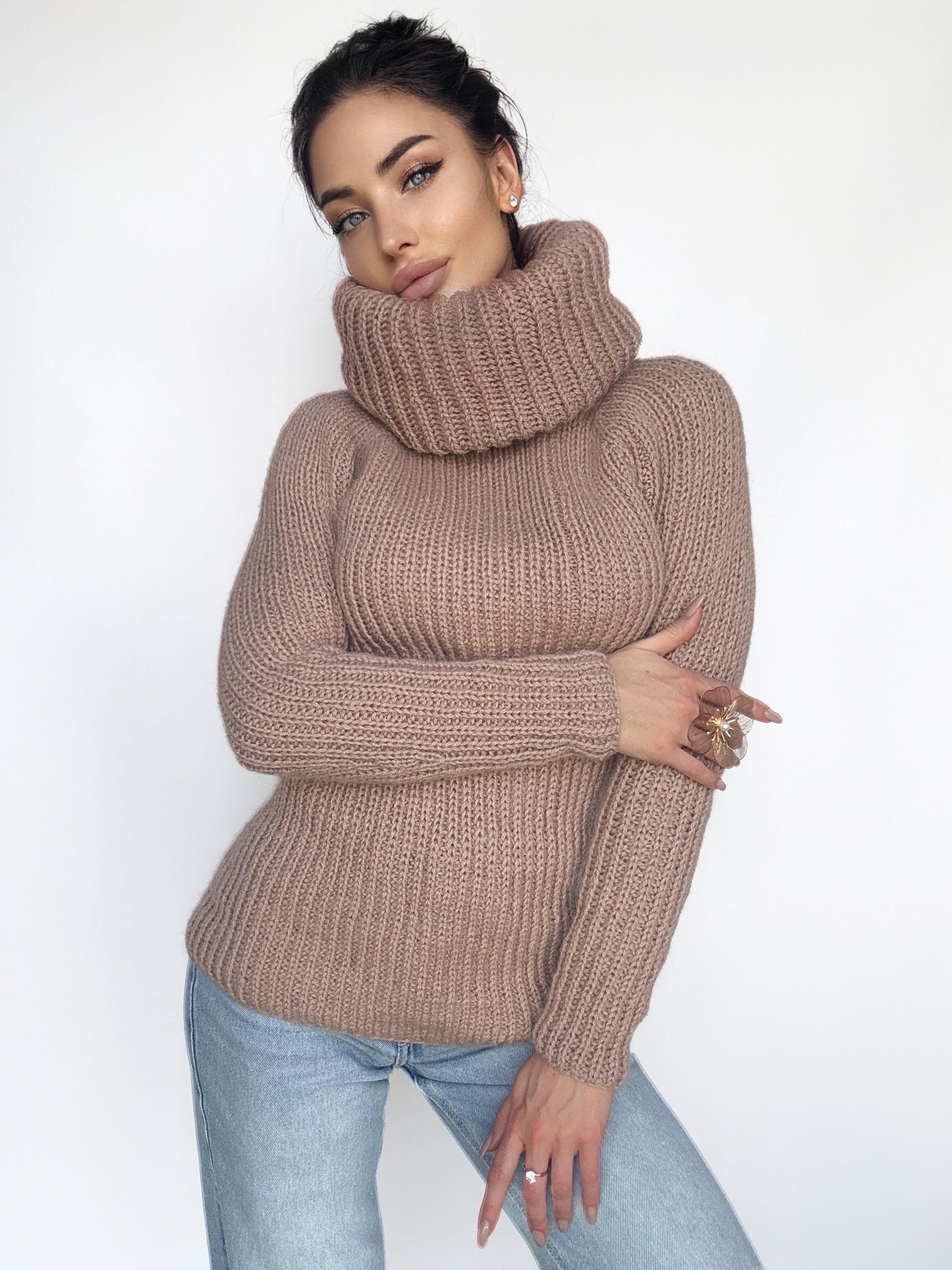 Cable knit beige mohair mix big collar sweater Chunky Knit Turtleneck Pastel pullover Womens Jumper merino mix wool winter sweater