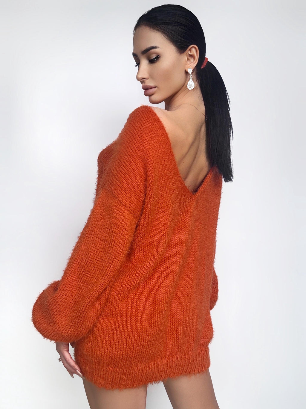 Knitted Orange sweater dress wool free/merino mix for sensitive skin Fluffy body friendly pullover Open back Deep V-neckline Loose fit