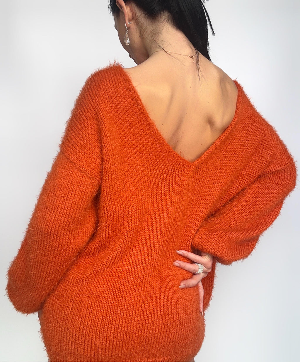 Knitted Orange sweater dress wool free/merino mix for sensitive skin Fluffy body friendly pullover Open back Deep V-neckline Loose fit