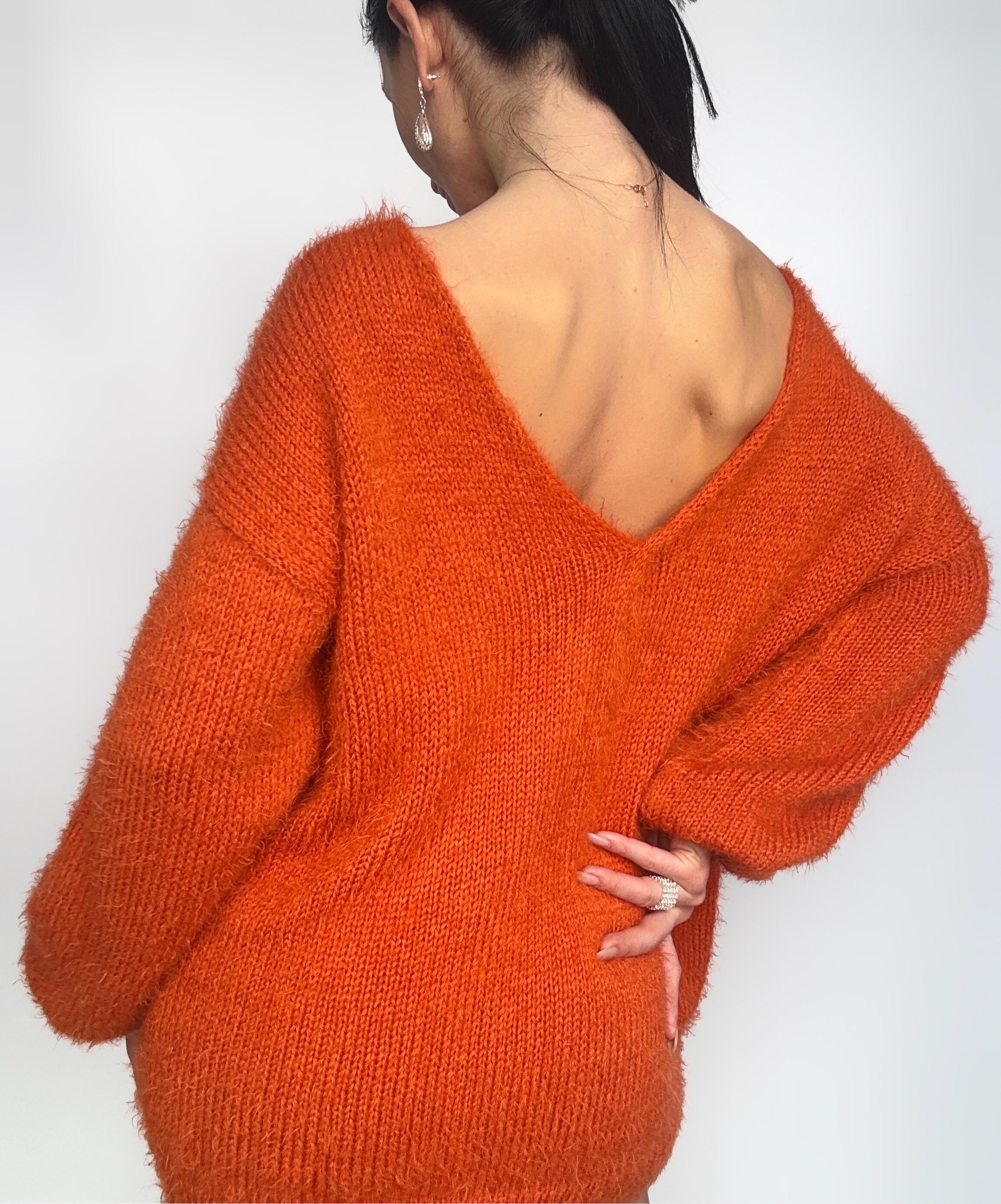 Knitted Orange sweater dress wool free/merino mix for sensitive skin Fluffy body friendly pullover Open back Deep V-neckline Loose fit