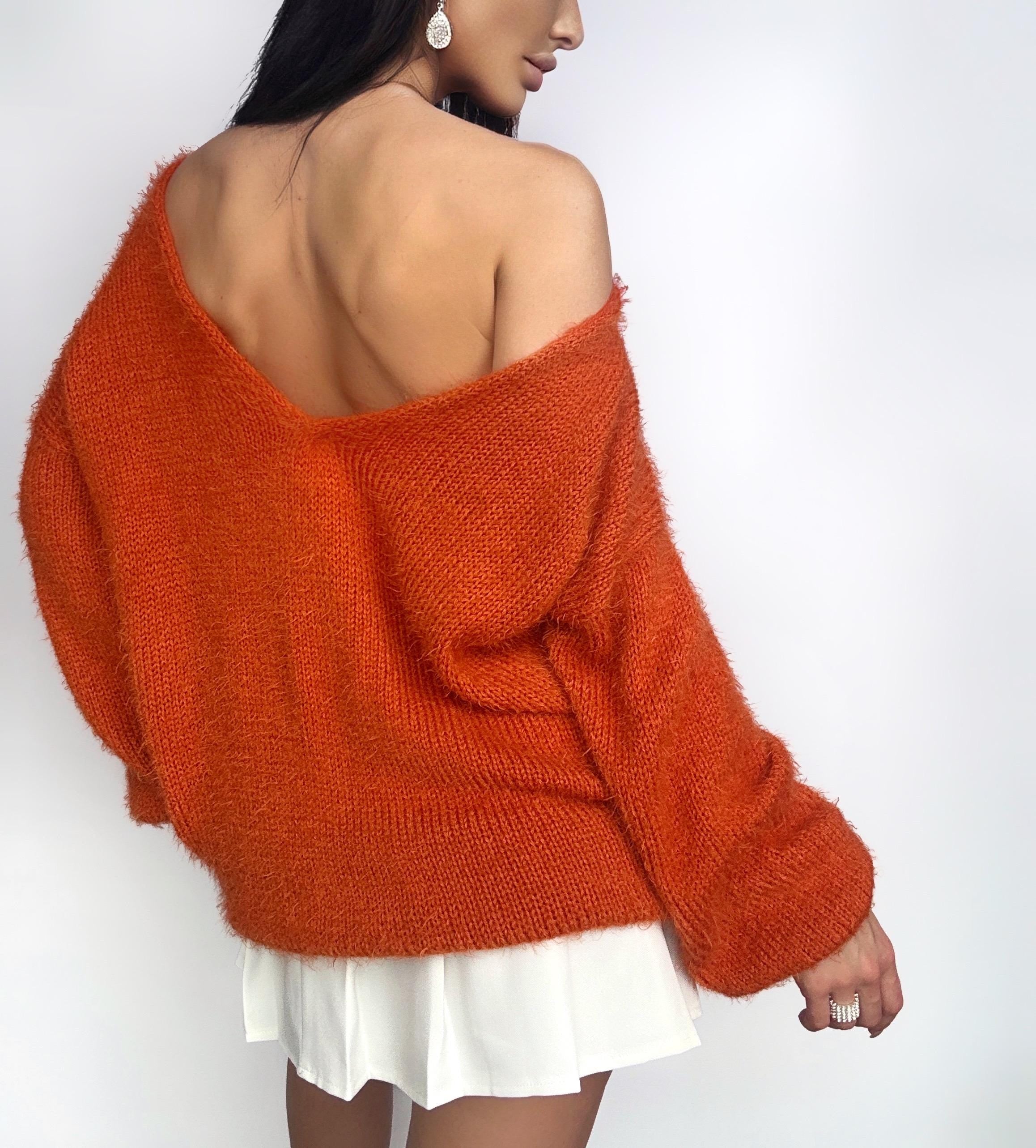 Knitted Orange sweater dress wool free/merino mix for sensitive skin Fluffy body friendly pullover Open back Deep V-neckline Loose fit