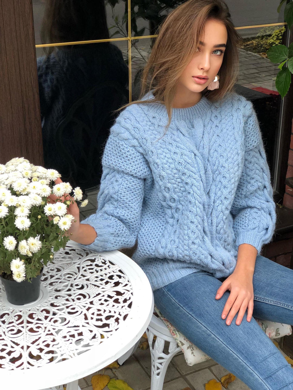 Chunky hand knit light blue / pink alpaca wool sweater womens Warm merino wool fall pullover Cable knit sweater Loose knitted wool sweater