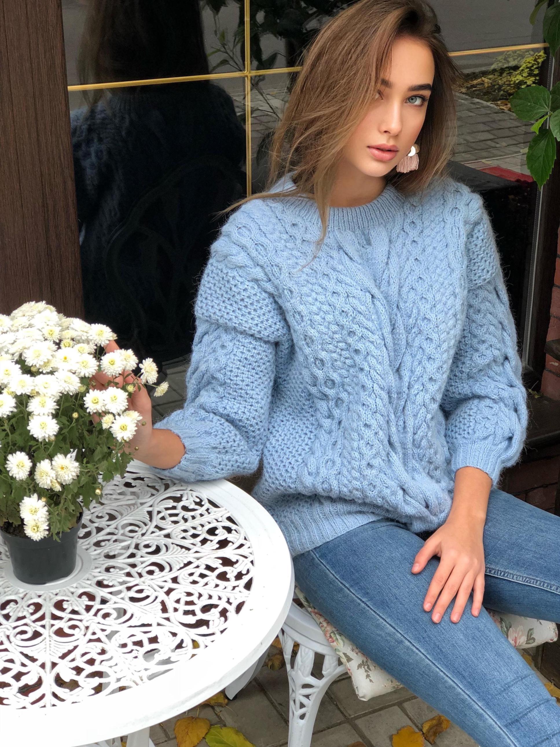 Chunky hand knit light blue / pink alpaca wool sweater womens Warm merino wool fall pullover Cable knit sweater Loose knitted wool sweater