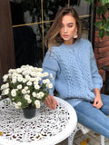 Chunky hand knit light blue / pink alpaca wool sweater womens Warm merino wool fall pullover Cable knit sweater Loose knitted wool sweater