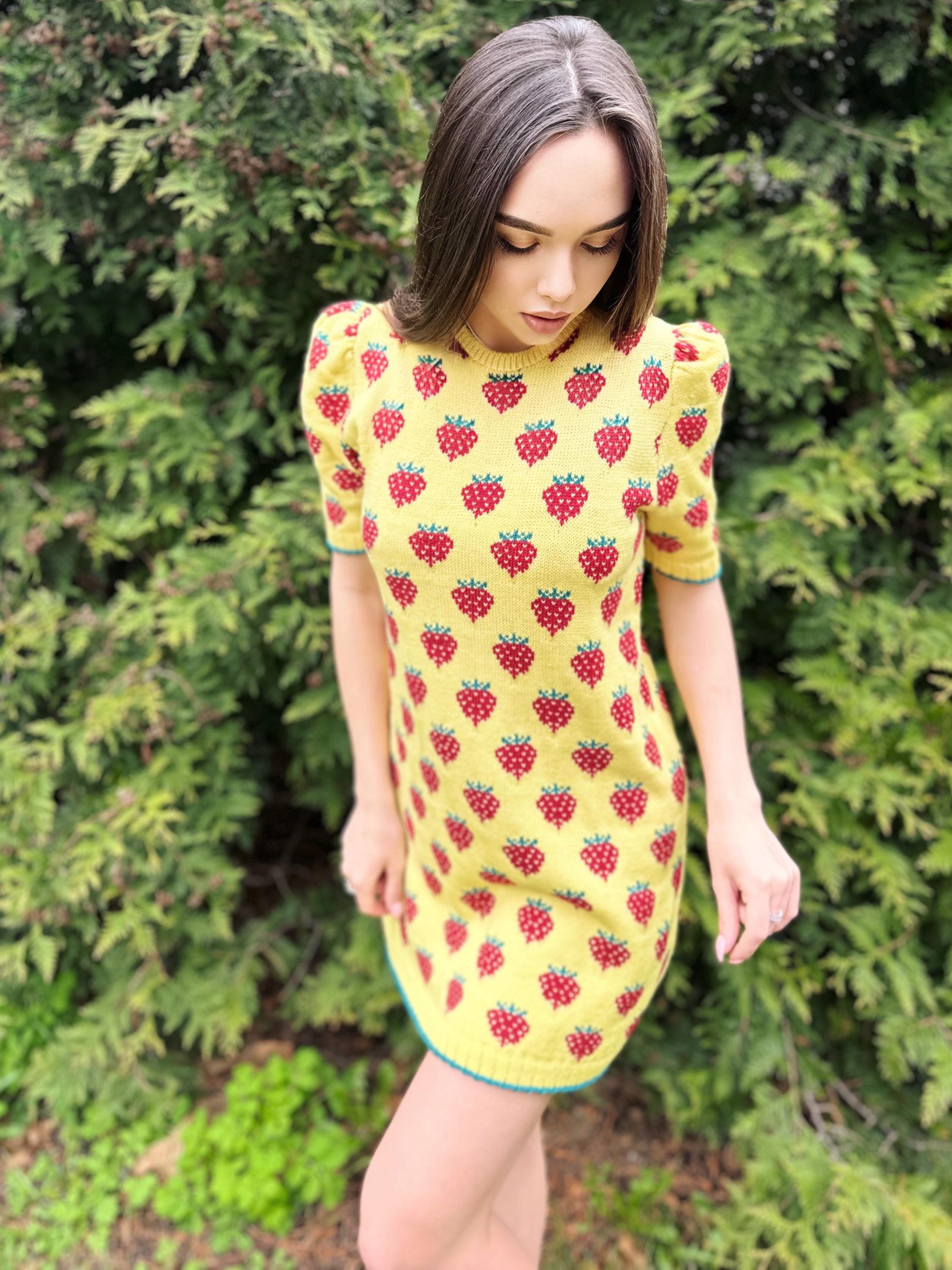 Strawberry wool / cotton lemon yellow mini knitted dress women Crochet yellow dress short puff sleeves Berry Funny summer Printed dress