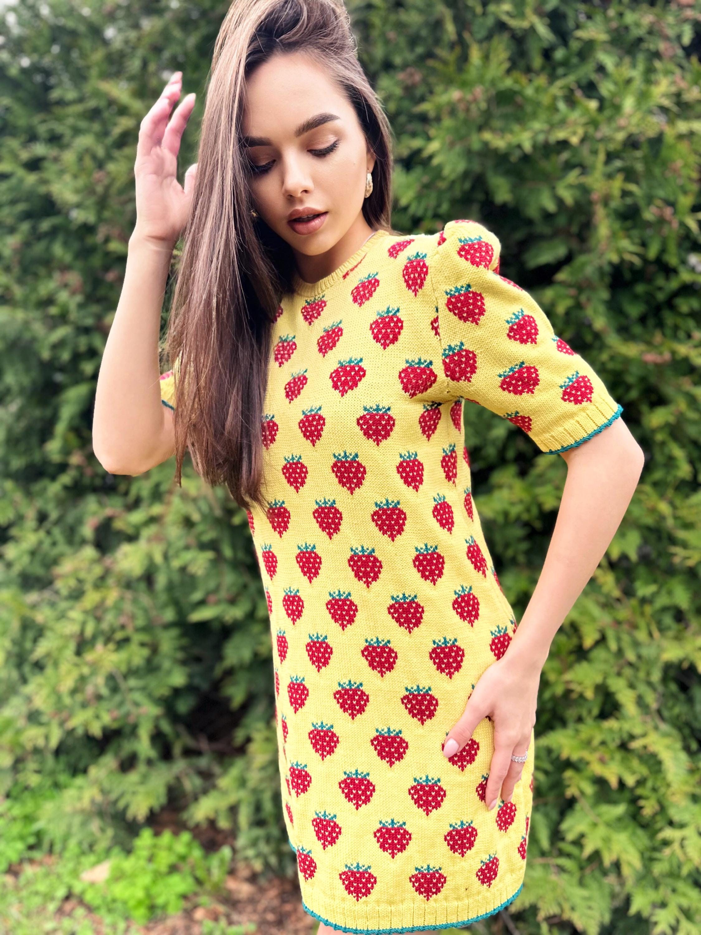 Strawberry wool / cotton lemon yellow mini knitted dress women Crochet yellow dress short puff sleeves Berry Funny summer Printed dress