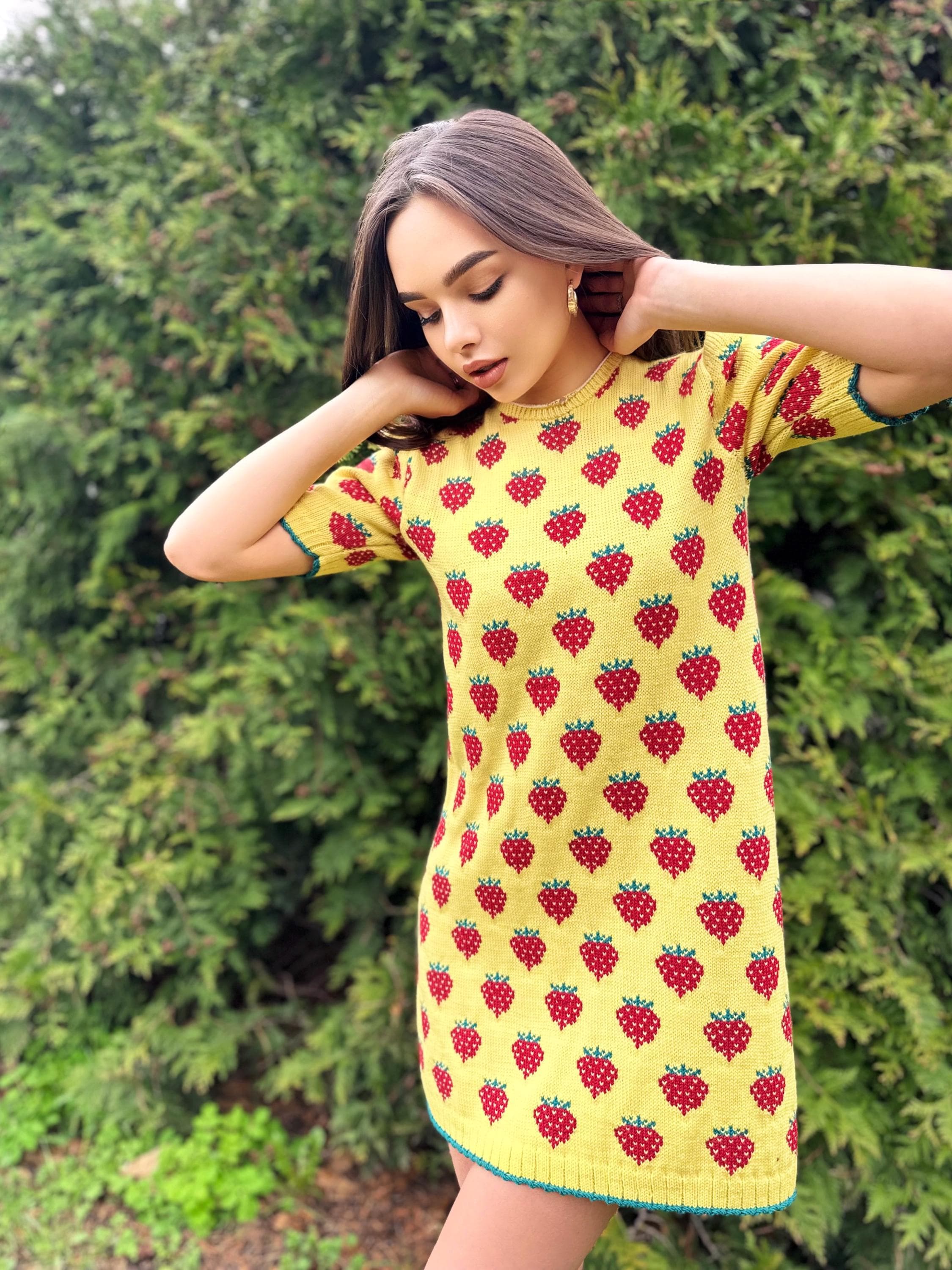 Strawberry wool / cotton lemon yellow mini knitted dress women Crochet yellow dress short puff sleeves Berry Funny summer Printed dress