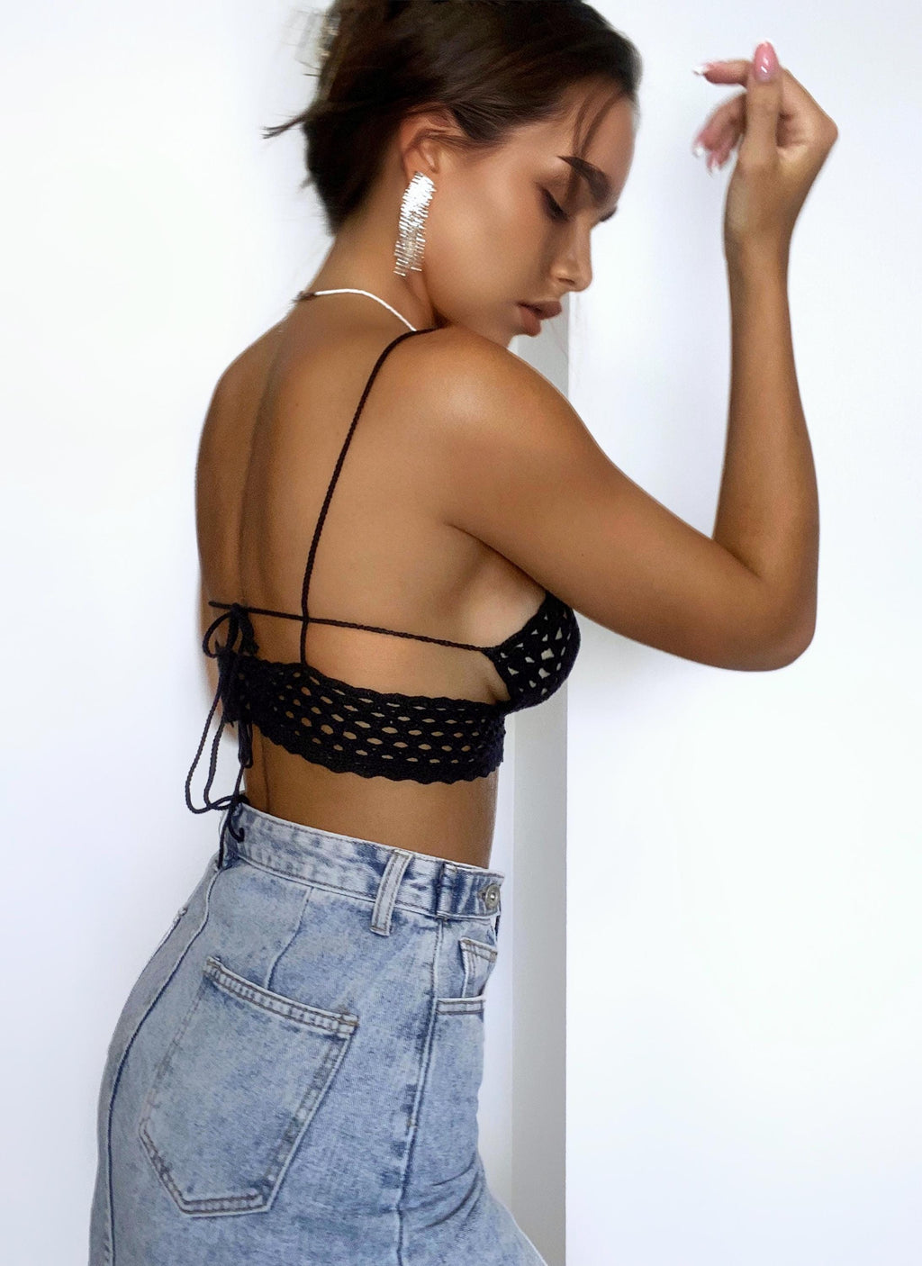 Crochet crop black sexy openwork summer top on thin straps for women Handmade cropped Festival top Short tank top croche bra Sleeveless top