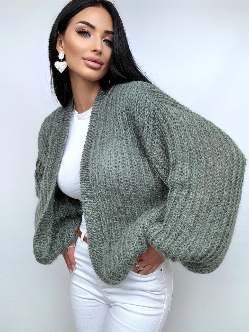 Knit mohair wool Khaki Green cardigan women Wedding cardigan Mohair sweater knitted coat Jacket Women Wool Fluffy crop bolero cardigan