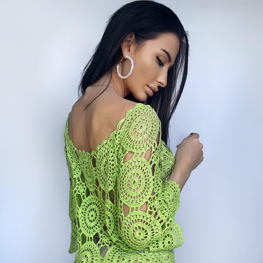 Crochet cotton light green beach open back dress cover ups Mini green crochet cover ups knee deep Cotton lace dress Beachwears women