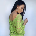 Crochet cotton light green beach open back dress cover ups Mini green crochet cover ups knee deep Cotton lace dress Beachwears women