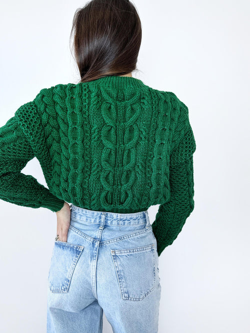 Cable knit green crop soft merino wool high waist hand knit malachite sweater womans Chunky knit Emerald Jumper Loose Knit Oversized