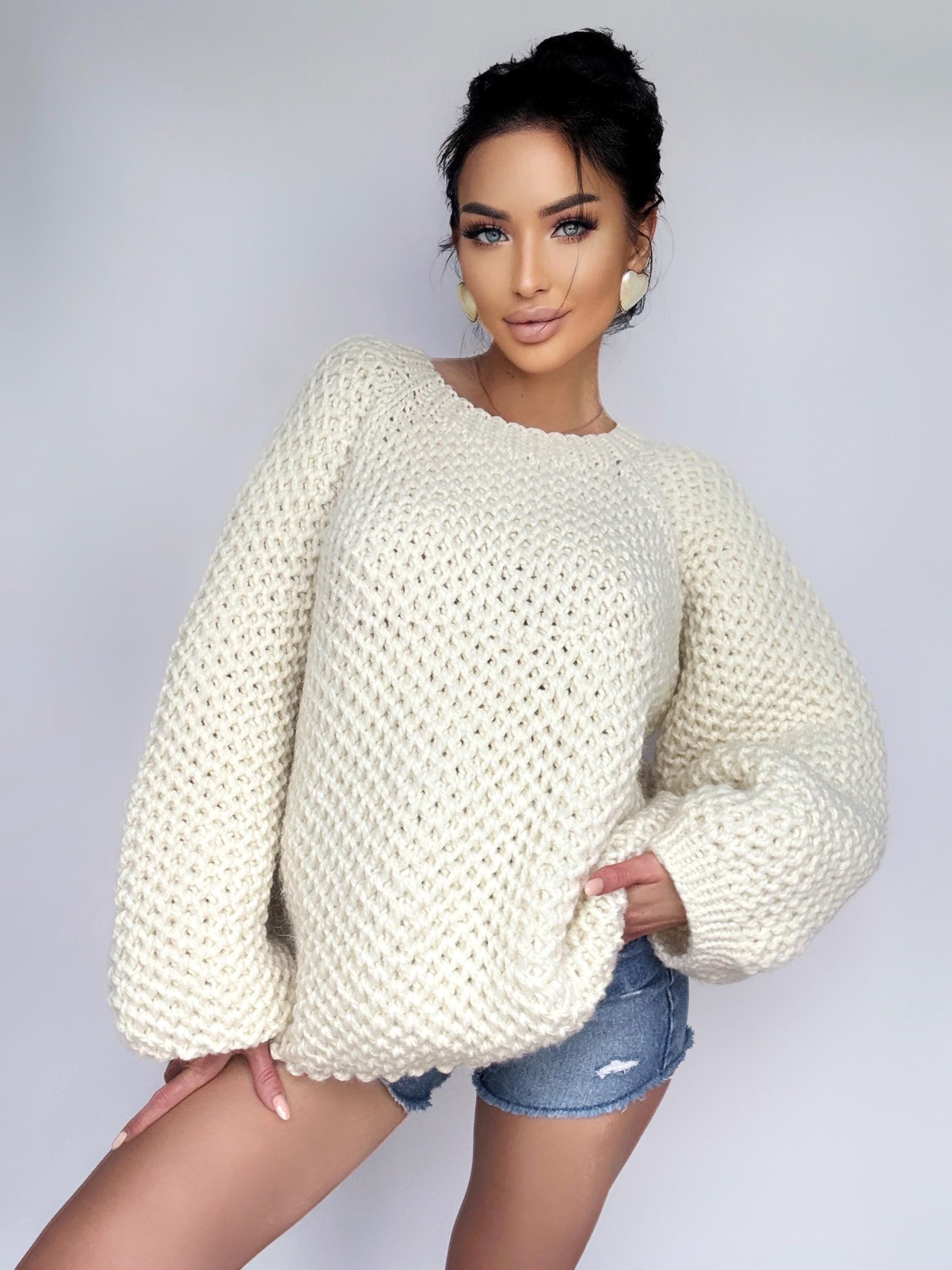 Chunky hand knit UNISEX alpaca wool mix soft cream milk sweater women Loose Fit Sweater Cable knit big cozy pullover for men