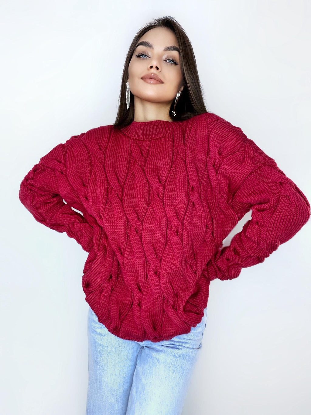 Chunky knit merino wool Red Oversized sweater dress Braids sweater Cable knit burgundy sweater Women Knitwear turtleneck unique gifts