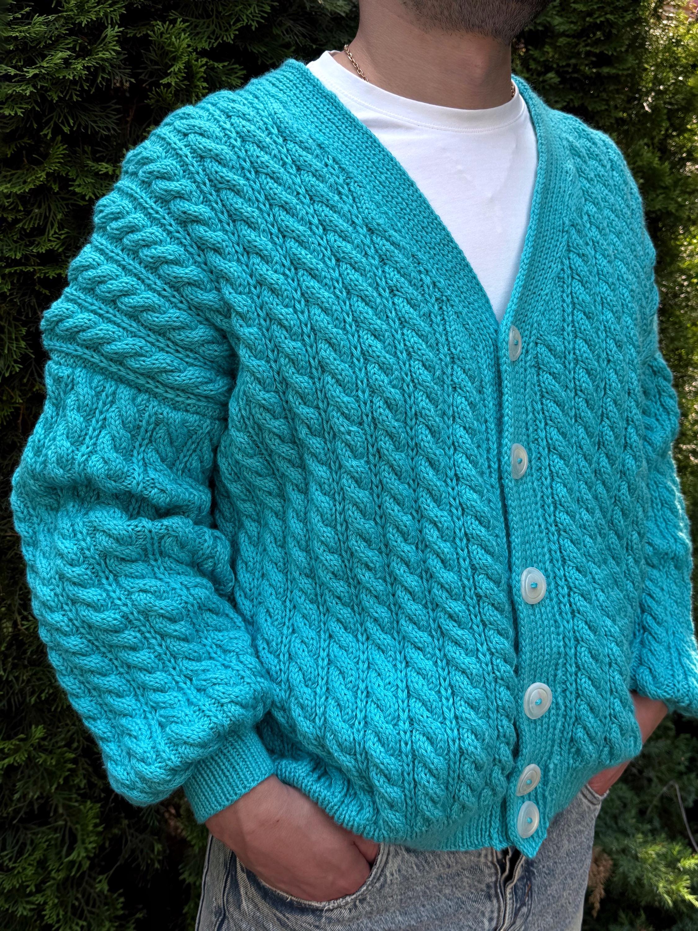 Chunky knit men's unisex merino wool cardigan Hand knit blue cardigan sweater Cable knit cardigan Cozy cardigan knitted jacket Gift for him