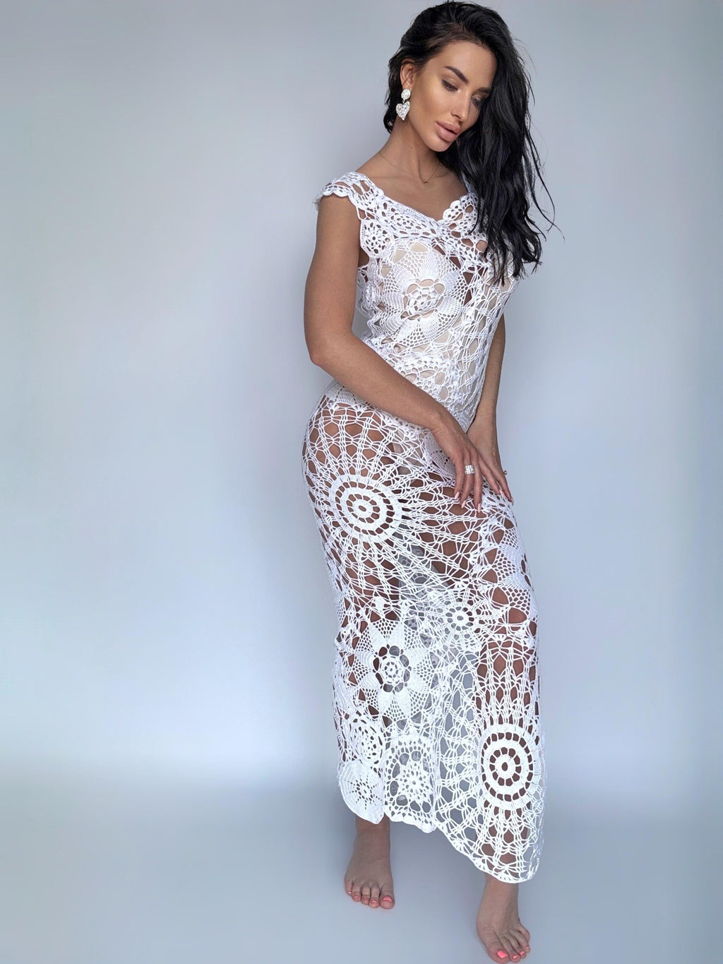Crochet white wedding organic cotton beach maxi dress Openwork hand made lace dress for beach Midi bridal beach dress on straps Cover up