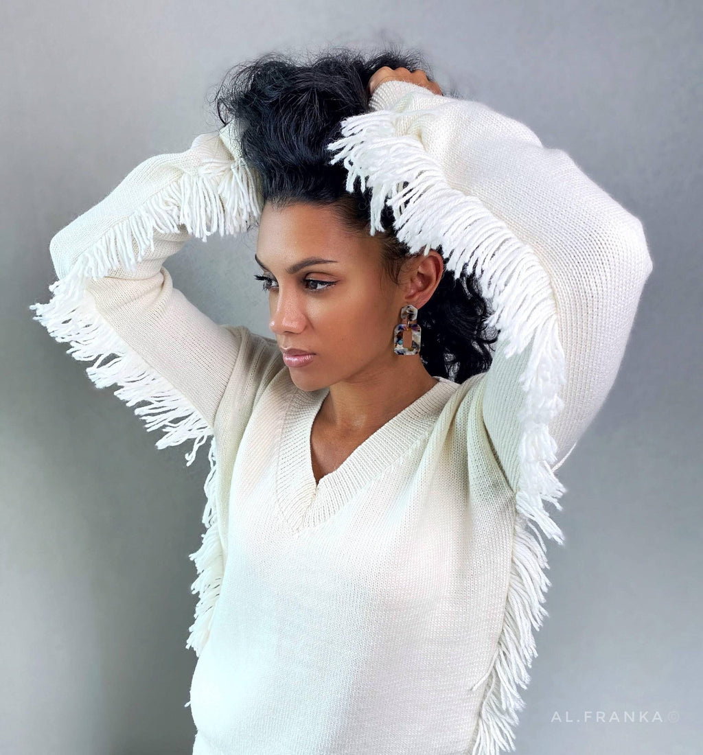 Knitted milk merino wool mix fringe V-neck sweater for women White wool boho pullover Pastel hand knit long sleeve V neckline