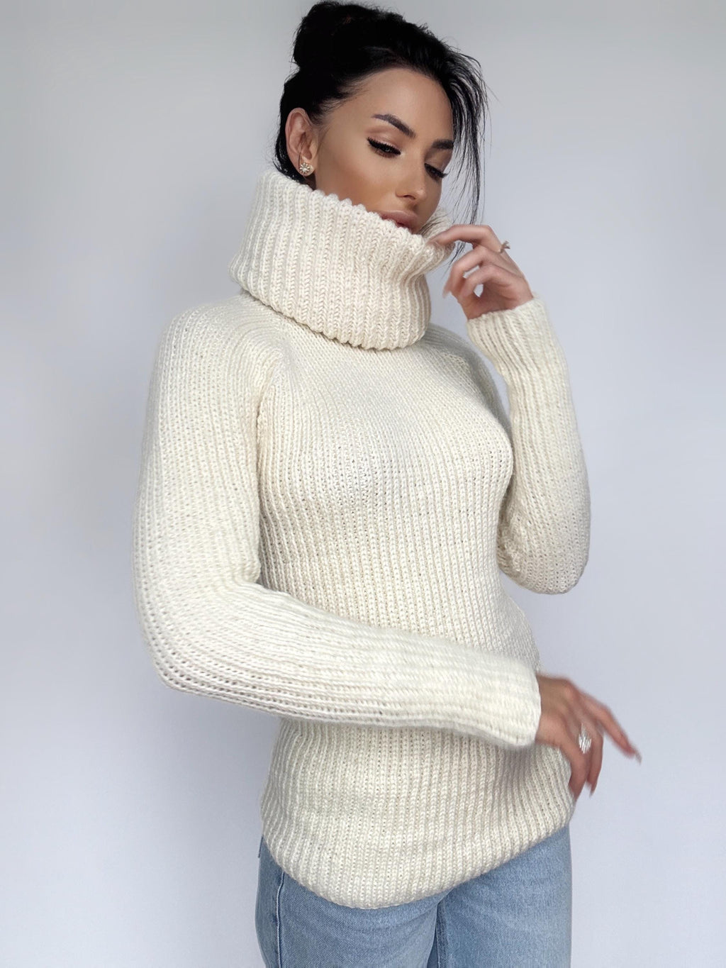 Hand knit merino wool milk white big collar long sweater Cable Knit Turtleneck Pastel wool pullover Womens Chunky knit sweater dress