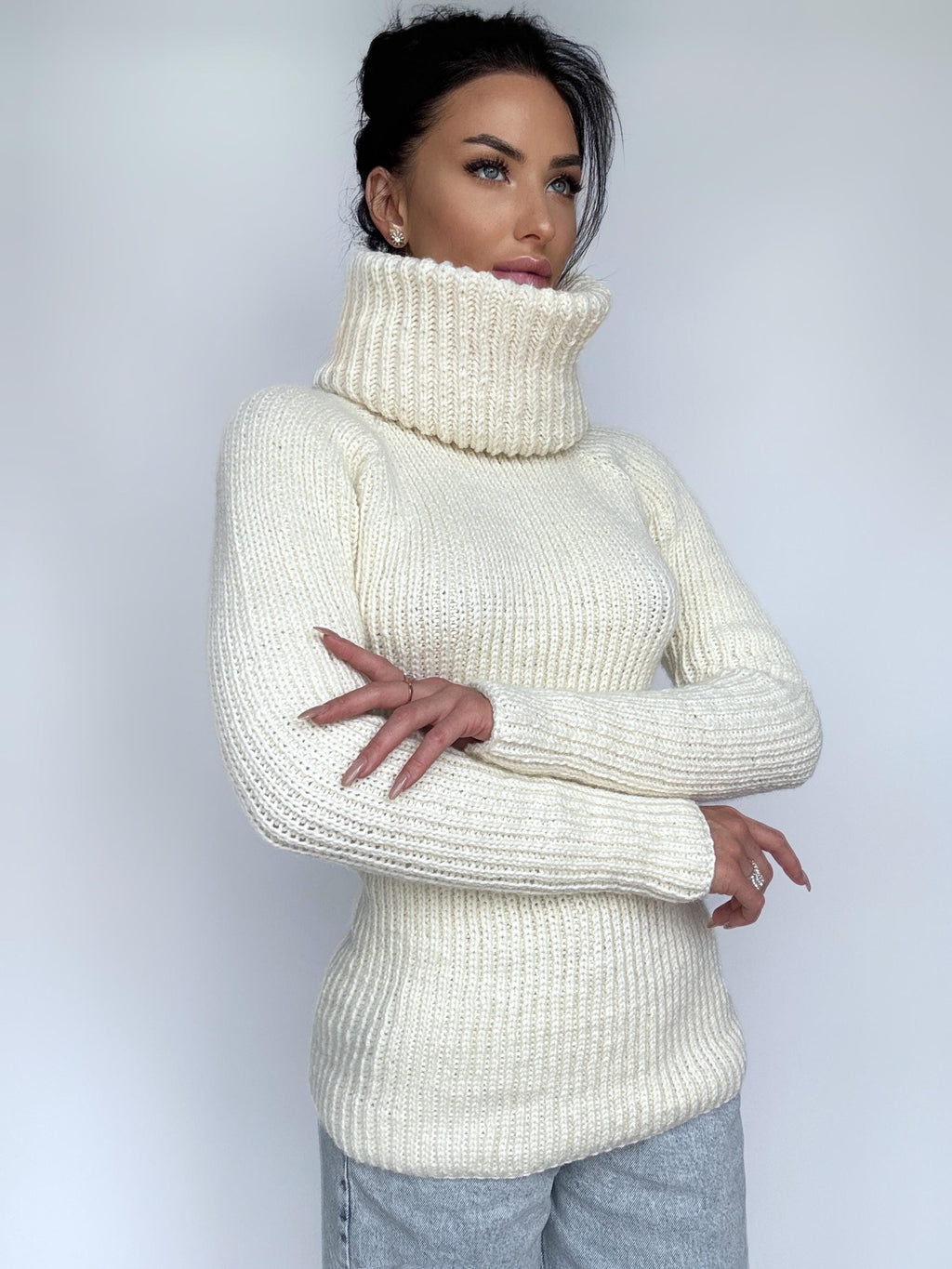 Hand knit merino wool milk white big collar long sweater Cable Knit Turtleneck Pastel wool pullover Womens Chunky knit sweater dress