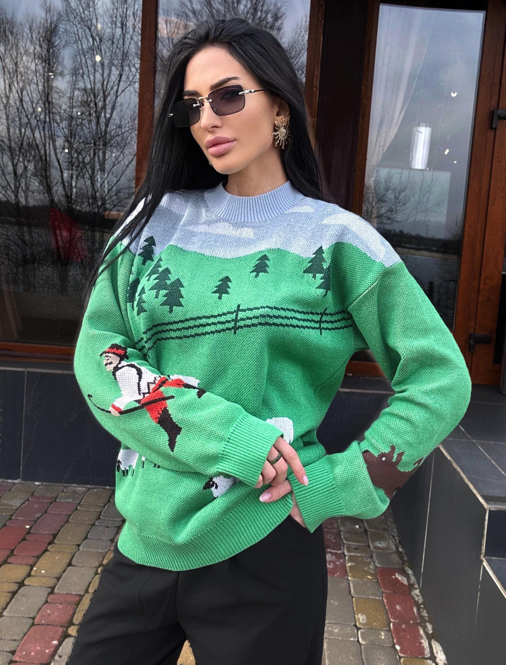 Knit green soft cotton white black sheep sweater womens Green lawn White sheep pullover Light blue green Fall sweater unisex Ready to send