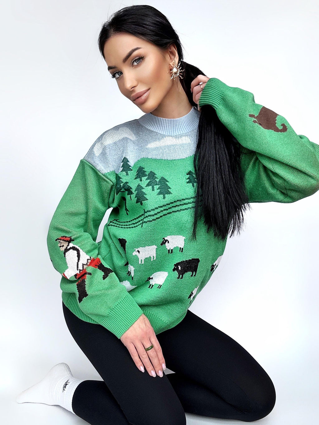 Knit green soft cotton white black sheep sweater womens Green lawn White sheep pullover Light blue green Fall sweater unisex Ready to send